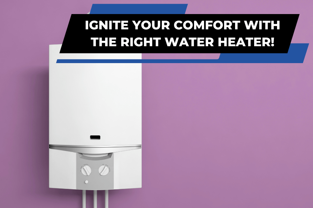 A gas tankless water heater mounted on a light purple wall