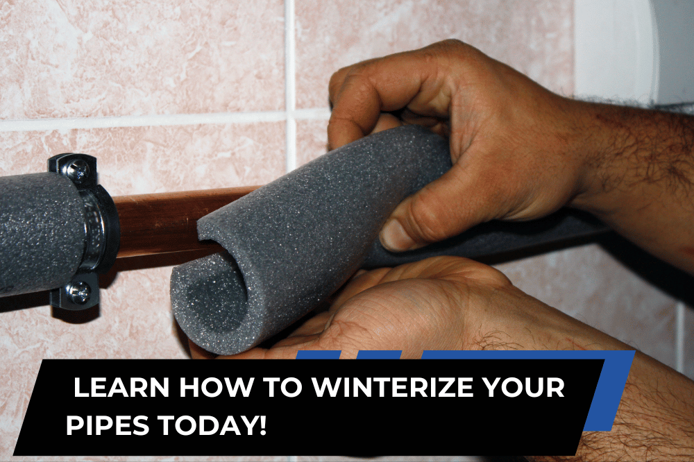 A homeowner insulating outdoor pipes for winter preparation.