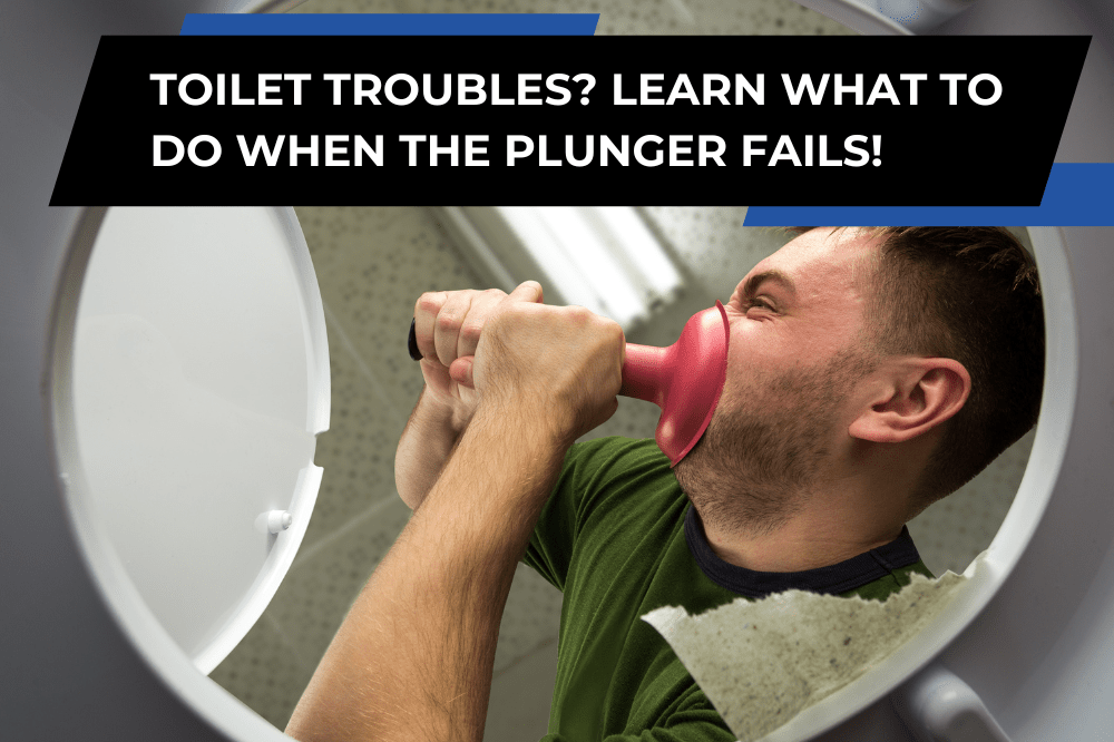Man plunging face out of frustration because plunger is not working. This is to highlight knowing alternative methods of clearing drain blockages without a plunger.