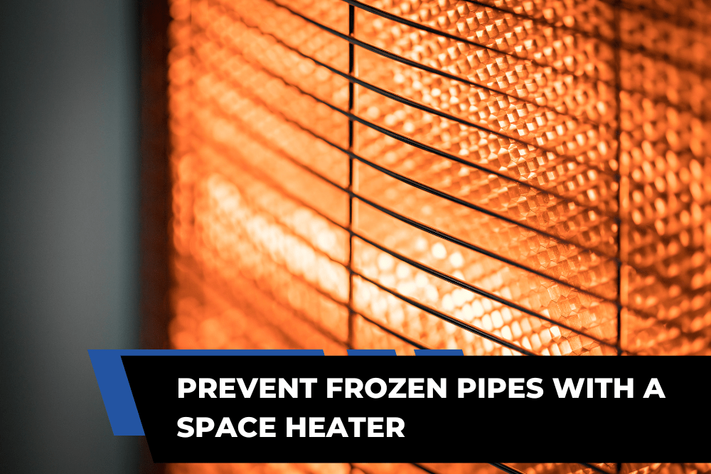 A space heater placed near plumbing pipes to prevent freezing during winter.