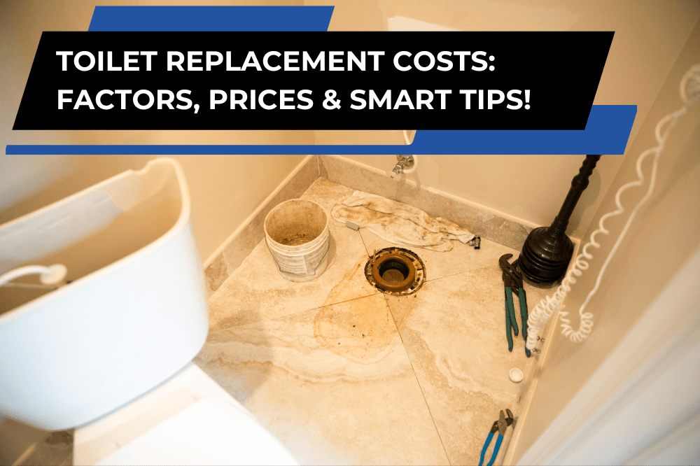 A partially removed toilet with exposed plumbing, tools, and a plunger on a bathroom floor, illustrating key factors in toilet replacement costs.