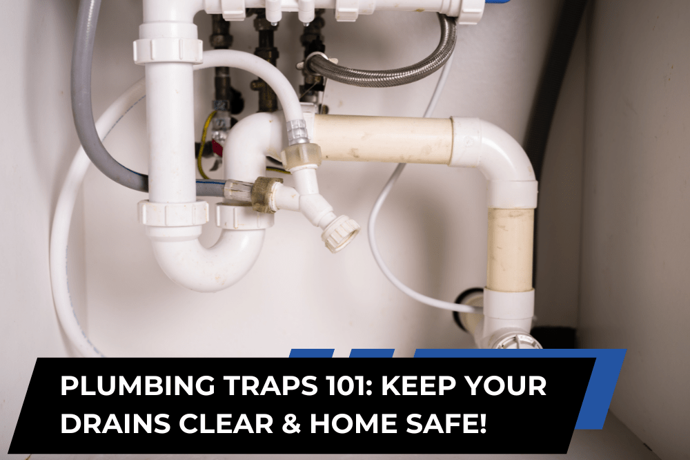 Close-up of under-sink plumbing traps showing P-trap and drainage pipes, essential for preventing sewer gas and maintaining a clean plumbing system.